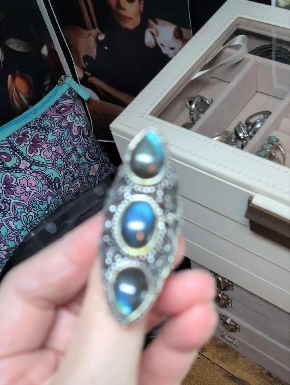Sterling Silver Labradorite Triple Stone Statement Ring - Blue
